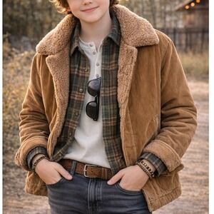 Vintage Towncraft Boys Corduroy Jacket Faux Fur Sherpa Lined Tan Brown XL 18-20